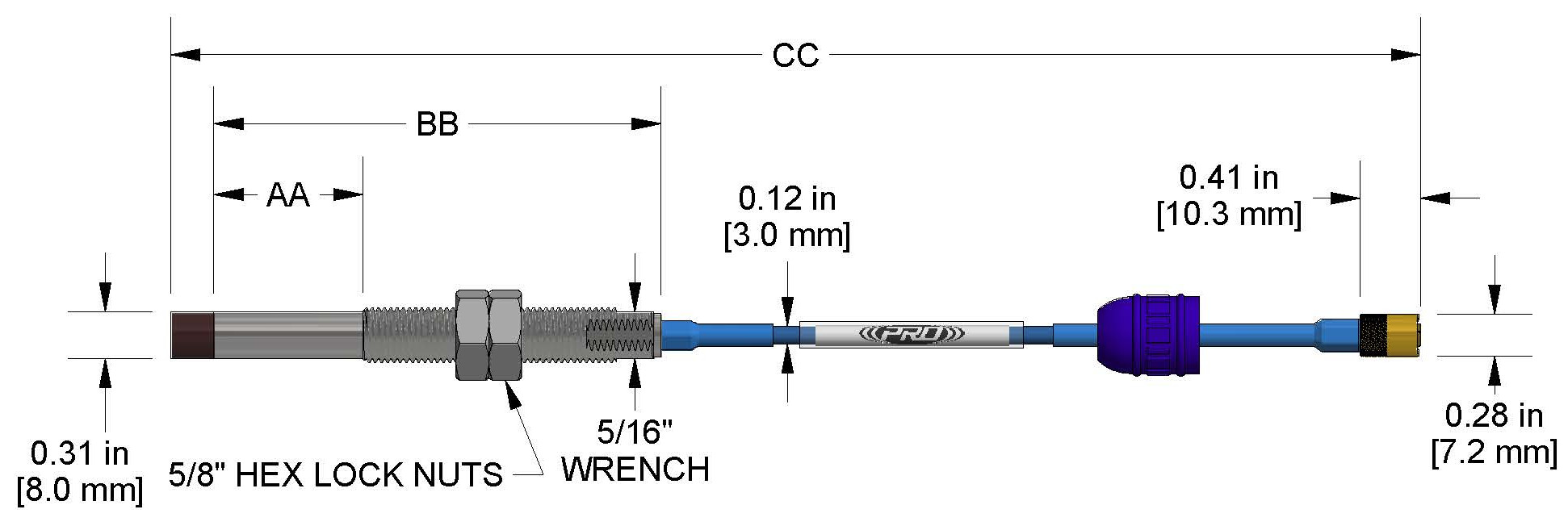 A dimension drawing of a Standard Mount CTC PRO Line Hazardous-Area Approved DP1001 proximity probe.